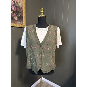Alfred Dunner Petites Green Embroidered Floral Vest Top 12P